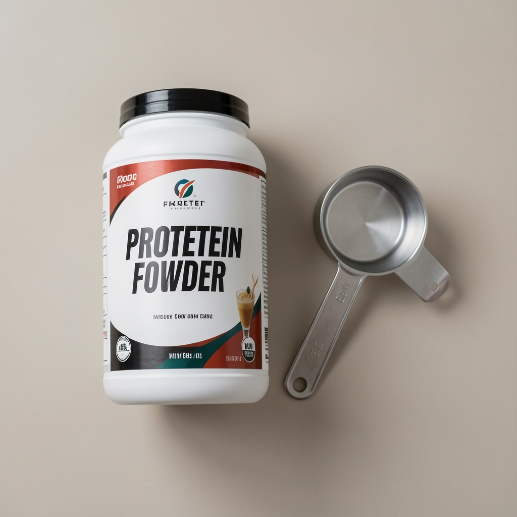 Protein powder canister and measuring scoop on a neutral background, editorial flat lay composition, minimal lighting